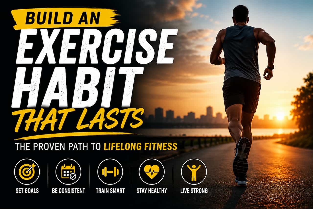 man running in sunset next to the title: build an exercise habit that lasts