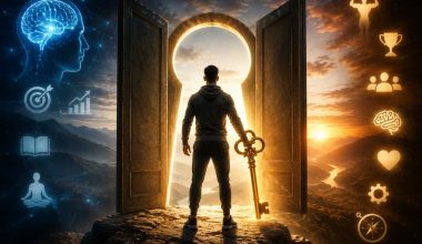Alt Tag: Person standing before a glowing doorway holding a golden key, symbolizing personal growth, self-improvement, unlocking potential, achieving success, and becoming the best version of oneself.