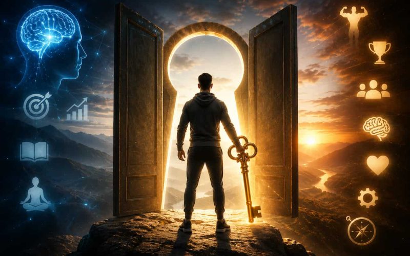 Alt Tag: Person standing before a glowing doorway holding a golden key, symbolizing personal growth, self-improvement, unlocking potential, achieving success, and becoming the best version of oneself.