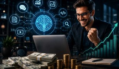 Entrepreneur using artificial intelligence on a laptop to generate online income, with digital AI graphics, business automation icons, financial growth charts, and cash representing AI-powered business opportunities and wealth creation.