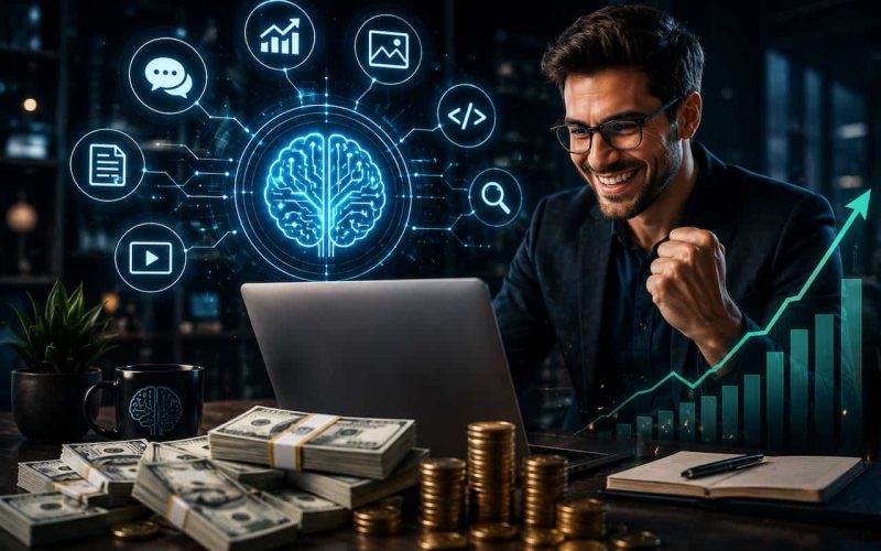 Entrepreneur using artificial intelligence on a laptop to generate online income, with digital AI graphics, business automation icons, financial growth charts, and cash representing AI-powered business opportunities and wealth creation.