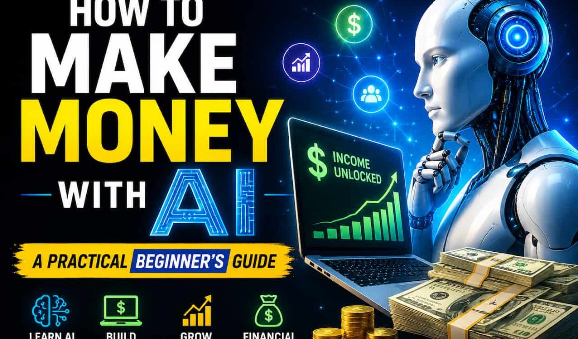 robot at a computer next to the title: make money with ai