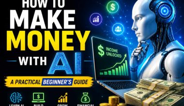 robot at a computer next to the title: make money with ai