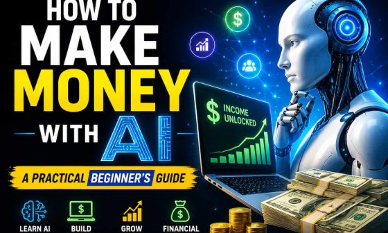 robot at a computer next to the title: make money with ai