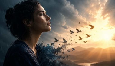 A cinematic portrait of a woman in profile gazing toward a distant sunrise, her face illuminated by a soft glow while dark storm clouds linger behind her. Her figure transitions into dissolving fragments that transform into birds flying toward warm golden light, symbolizing emotional release, healing, and the journey from sadness to hope.