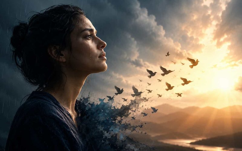 A cinematic portrait of a woman in profile gazing toward a distant sunrise, her face illuminated by a soft glow while dark storm clouds linger behind her. Her figure transitions into dissolving fragments that transform into birds flying toward warm golden light, symbolizing emotional release, healing, and the journey from sadness to hope.
