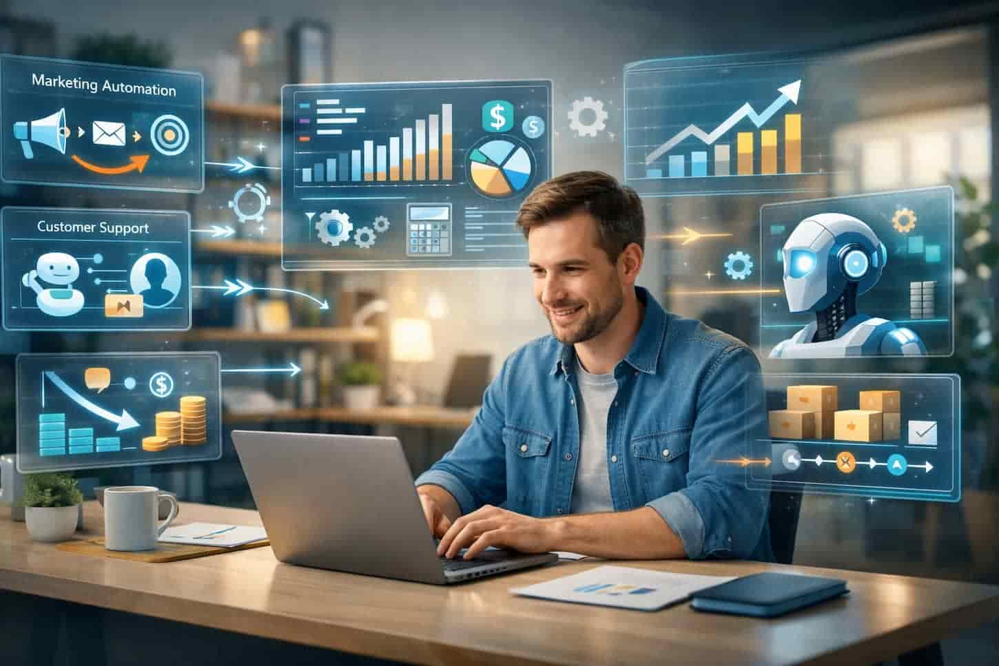 10 AI Myths That Could Cost You Your Competitive Edge man working at his desk surrounded by AI