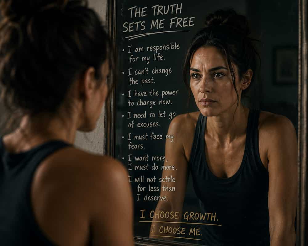 woman looking sternly in the mirror