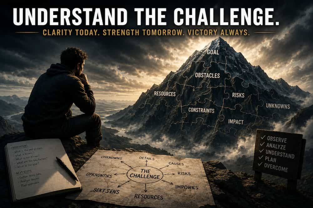 A person sits on a cliff, gazing at a mountain labeled with obstacles like "resources" and "risks." Text reads "Understand the Challenge." A diagram and checklist are nearby.