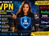 The Power of VPNs: Why Every Internet User Needs One in Today’s Digital World Woman sitting at a desk with a laptop displaying a VPN shield icon, surrounded by VPN benefits and streaming service logos like Netflix, Hulu, BBC iPlayer, Disney+, and Prime Video.