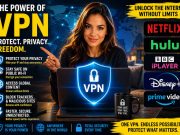 The Power of VPNs: Why Every Internet User Needs One in Today’s Digital World Woman sitting at a desk with a laptop displaying a VPN shield icon, surrounded by VPN benefits and streaming service logos like Netflix, Hulu, BBC iPlayer, Disney+, and Prime Video.
