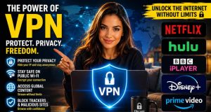 The Power of VPNs: Why Every Internet User Needs One in Today’s Digital World Woman sitting at a desk with a laptop displaying a VPN shield icon, surrounded by VPN benefits and streaming service logos like Netflix, Hulu, BBC iPlayer, Disney+, and Prime Video.