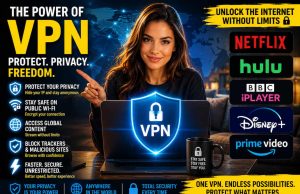 The Power of VPNs: Why Every Internet User Needs One in Today’s Digital World Woman sitting at a desk with a laptop displaying a VPN shield icon, surrounded by VPN benefits and streaming service logos like Netflix, Hulu, BBC iPlayer, Disney+, and Prime Video.
