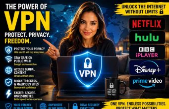 The Power of VPNs: Why Every Internet User Needs One in Today’s Digital World Woman sitting at a desk with a laptop displaying a VPN shield icon, surrounded by VPN benefits and streaming service logos like Netflix, Hulu, BBC iPlayer, Disney+, and Prime Video.