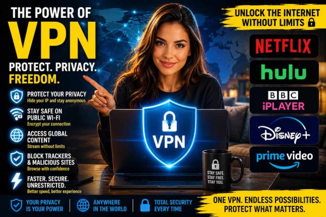 Woman sitting at a desk with a laptop displaying a VPN shield icon, surrounded by VPN benefits and streaming service logos like Netflix, Hulu, BBC iPlayer, Disney+, and Prime Video.