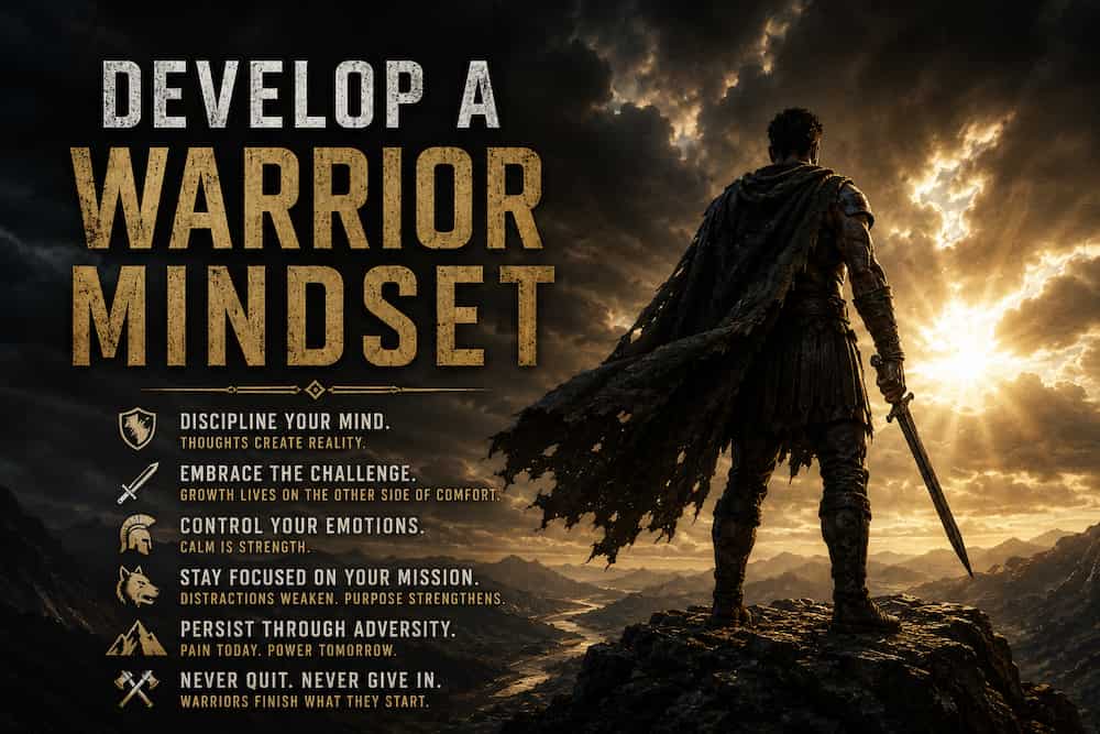 A silhouette of a warrior stands on a rocky peak at sunset, next to bold text reading "Develop a Warrior Mindset" and a list of motivational principles.