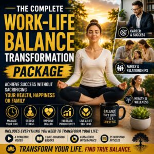 A square promotional thumbnail for a work-life balance transformation package featuring a calm woman meditating outdoors at sunrise, alongside images representing career success, family relationships, and healthy living. The design uses a black, gold, and white colour scheme with productivity and wellness icons to convey balance, reduced stress, improved health, and a more fulfilling lifestyle.