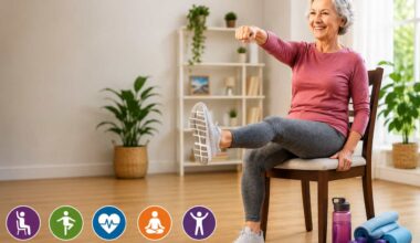 Smiling senior woman performing seated chair exercises in a bright home while extending one leg and reaching forward, with fitness equipment nearby, illustrating safe, low-impact exercise for healthy aging, strength, balance, and mobility.