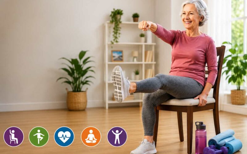 Smiling senior woman performing seated chair exercises in a bright home while extending one leg and reaching forward, with fitness equipment nearby, illustrating safe, low-impact exercise for healthy aging, strength, balance, and mobility.