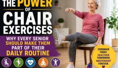 Smiling senior woman performing seated chair exercises in a bright home while extending one leg and reaching forward, with fitness equipment nearby, illustrating safe, low-impact exercise for healthy aging, strength, balance, and mobility.