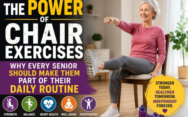 Smiling senior woman performing seated chair exercises in a bright home while extending one leg and reaching forward, with fitness equipment nearby, illustrating safe, low-impact exercise for healthy aging, strength, balance, and mobility.