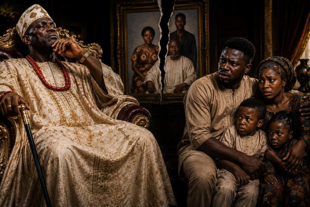 a chief on the left and the family he is tormenting on the right