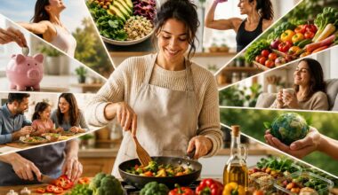 A smiling home cook prepares a colorful vegetable stir-fry in a bright modern kitchen surrounded by fresh vegetables, olive oil, and healthy ingredients. Around the central scene are images representing the benefits of cooking at home, including nutritious meals, family dining, meal prep, fitness, saving money, fresh produce, relaxation, and environmental sustainability.