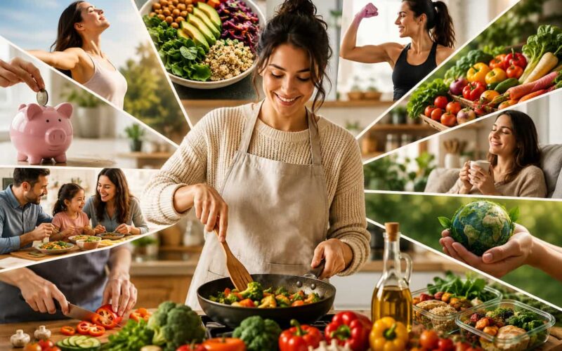 A smiling home cook prepares a colorful vegetable stir-fry in a bright modern kitchen surrounded by fresh vegetables, olive oil, and healthy ingredients. Around the central scene are images representing the benefits of cooking at home, including nutritious meals, family dining, meal prep, fitness, saving money, fresh produce, relaxation, and environmental sustainability.
