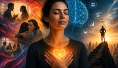 Illustration of a person holding a glowing heart with a luminous brain above, symbolizing emotional intelligence, self-awareness, empathy, resilience, and the connection between emotional balance and personal success.