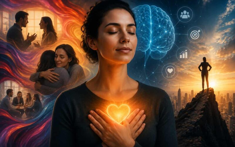 Illustration of a person holding a glowing heart with a luminous brain above, symbolizing emotional intelligence, self-awareness, empathy, resilience, and the connection between emotional balance and personal success.