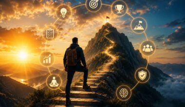 A determined hiker with a backpack climbs a winding stone staircase toward a mountain summit at sunrise, symbolizing ambition, perseverance, and personal growth. A glowing ring of icons representing goal setting, planning, discipline, teamwork, mindset, achievement, and success surrounds the scene, while dramatic golden light and rugged peaks create an inspiring atmosphere of progress and limitless potential.