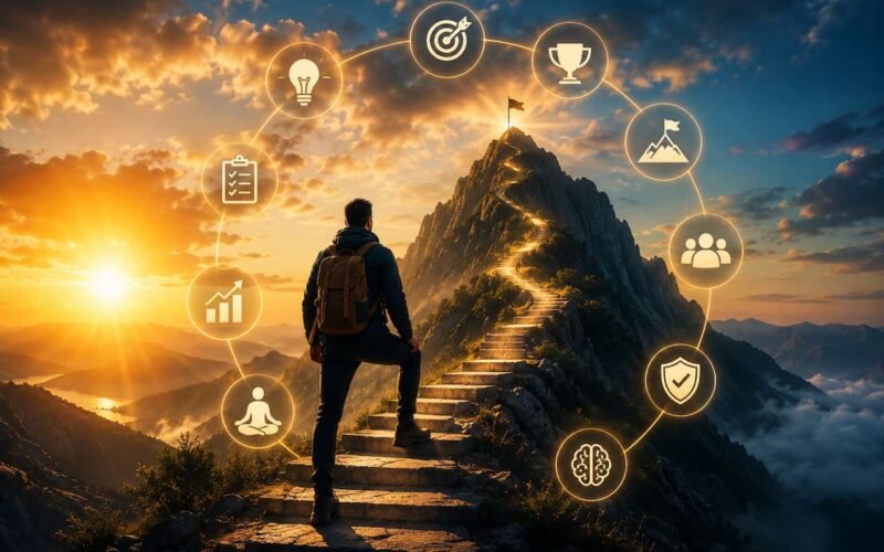 A determined hiker with a backpack climbs a winding stone staircase toward a mountain summit at sunrise, symbolizing ambition, perseverance, and personal growth. A glowing ring of icons representing goal setting, planning, discipline, teamwork, mindset, achievement, and success surrounds the scene, while dramatic golden light and rugged peaks create an inspiring atmosphere of progress and limitless potential.