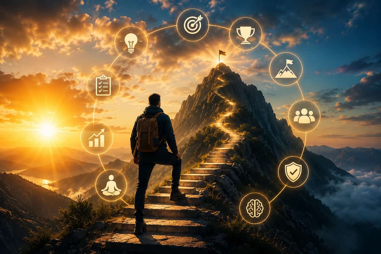 A determined hiker with a backpack climbs a winding stone staircase toward a mountain summit at sunrise, symbolizing ambition, perseverance, and personal growth. A glowing ring of icons representing goal setting, planning, discipline, teamwork, mindset, achievement, and success surrounds the scene, while dramatic golden light and rugged peaks create an inspiring atmosphere of progress and limitless potential.