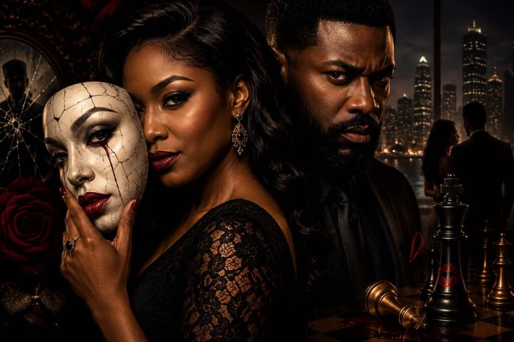a woman wearing a mask symbolizes deception and betrayal standing next to a man