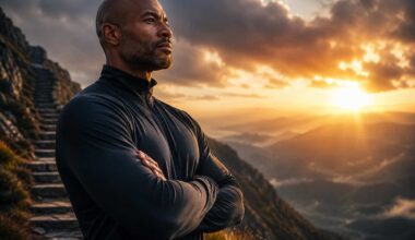 A determined man in athletic clothing stands with his arms crossed on a mountain ridge at sunrise, gazing confidently toward the horizon as golden light breaks through dramatic clouds, symbolizing resilience, focus, and an unstoppable mindset.