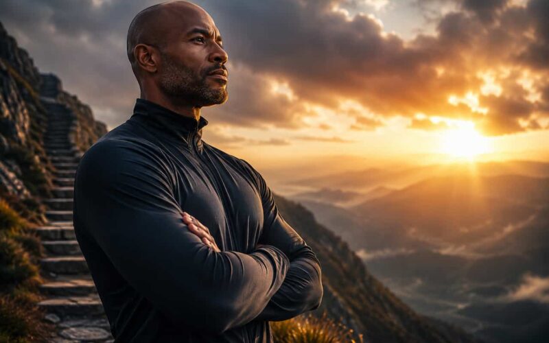 A determined man in athletic clothing stands with his arms crossed on a mountain ridge at sunrise, gazing confidently toward the horizon as golden light breaks through dramatic clouds, symbolizing resilience, focus, and an unstoppable mindset.