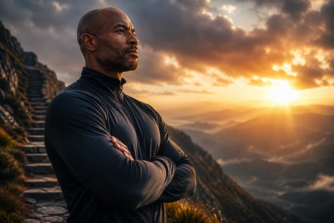 A determined man in athletic clothing stands with his arms crossed on a mountain ridge at sunrise, gazing confidently toward the horizon as golden light breaks through dramatic clouds, symbolizing resilience, focus, and an unstoppable mindset.