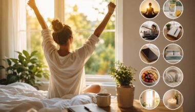 A woman stretches in bed as warm morning sunlight streams through a large window, creating a peaceful start to the day. A bedside table holds a journal, coffee, and houseplants, while a series of lifestyle icons represent healthy morning habits such as meditation, hydration, stretching, journaling, limiting phone use, making the bed, eating a nutritious breakfast, listening to uplifting audio, getting natural light, and practicing self-care.