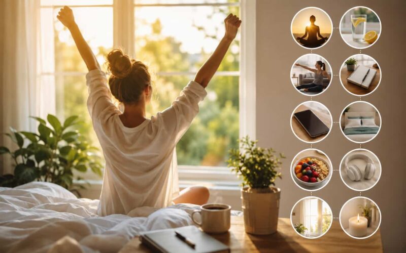 A woman stretches in bed as warm morning sunlight streams through a large window, creating a peaceful start to the day. A bedside table holds a journal, coffee, and houseplants, while a series of lifestyle icons represent healthy morning habits such as meditation, hydration, stretching, journaling, limiting phone use, making the bed, eating a nutritious breakfast, listening to uplifting audio, getting natural light, and practicing self-care.