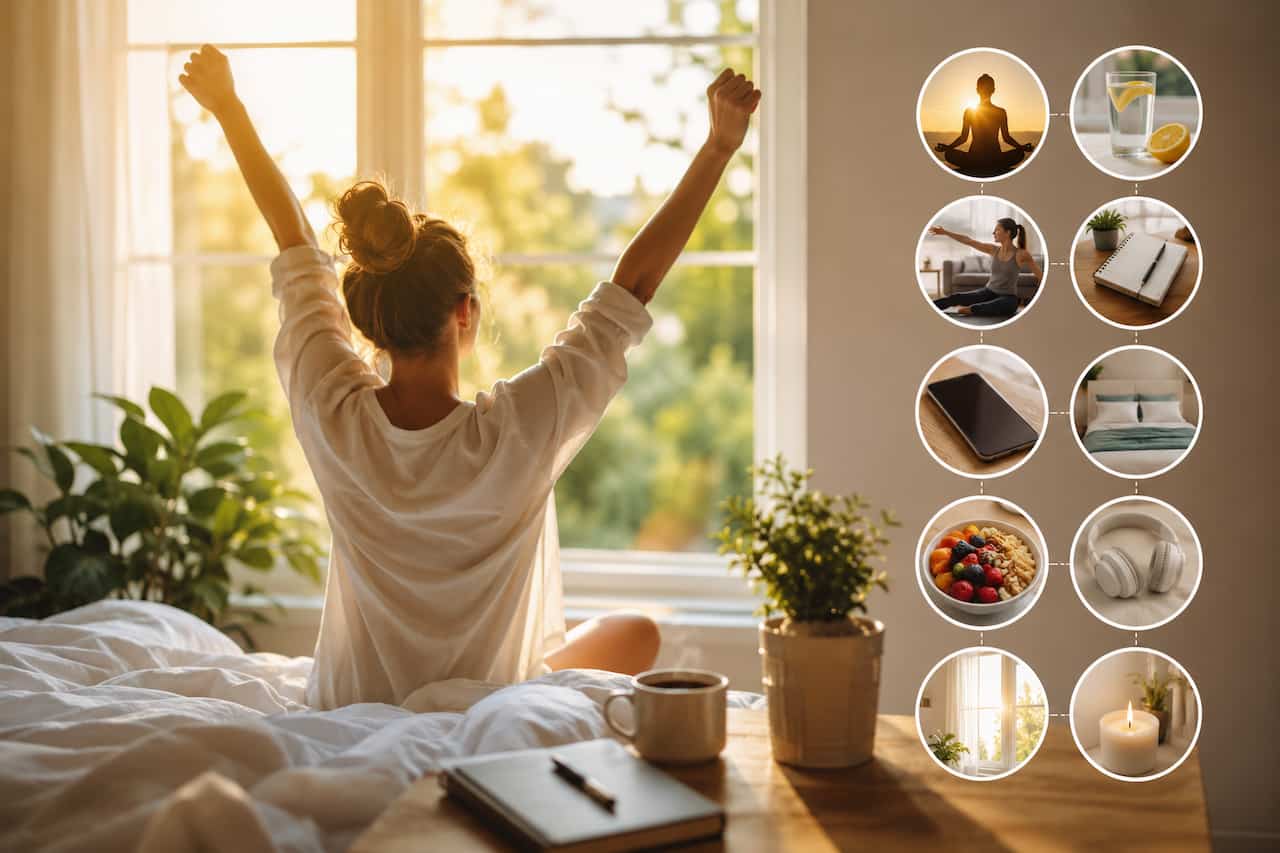 A woman stretches in bed as warm morning sunlight streams through a large window, creating a peaceful start to the day. A bedside table holds a journal, coffee, and houseplants, while a series of lifestyle icons represent healthy morning habits such as meditation, hydration, stretching, journaling, limiting phone use, making the bed, eating a nutritious breakfast, listening to uplifting audio, getting natural light, and practicing self-care.