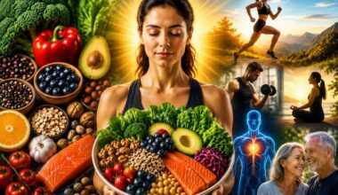 Person holding a bowl of fresh, nutrient-rich foods surrounded by scenes of exercise, meditation, healthy aging, and vitality, illustrating how nutritious eating supports health, energy, longevity, and overall well-being.