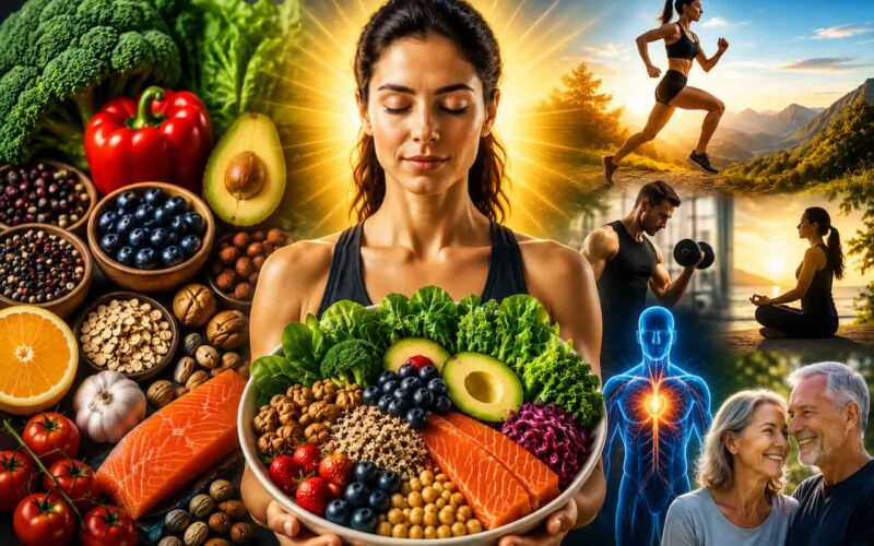 Person holding a bowl of fresh, nutrient-rich foods surrounded by scenes of exercise, meditation, healthy aging, and vitality, illustrating how nutritious eating supports health, energy, longevity, and overall well-being.