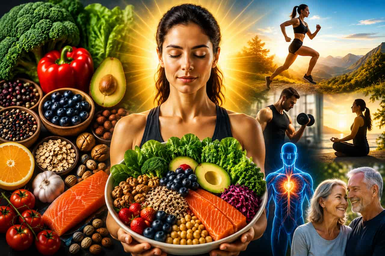 Person holding a bowl of fresh, nutrient-rich foods surrounded by scenes of exercise, meditation, healthy aging, and vitality, illustrating how nutritious eating supports health, energy, longevity, and overall well-being.