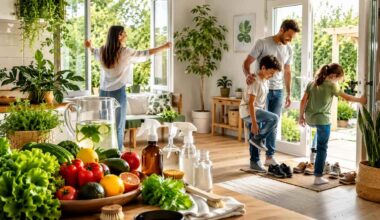 Family creating a healthy home with fresh organic food, filtered water, natural cleaning products, houseplants, and fresh air to reduce everyday toxin exposure.