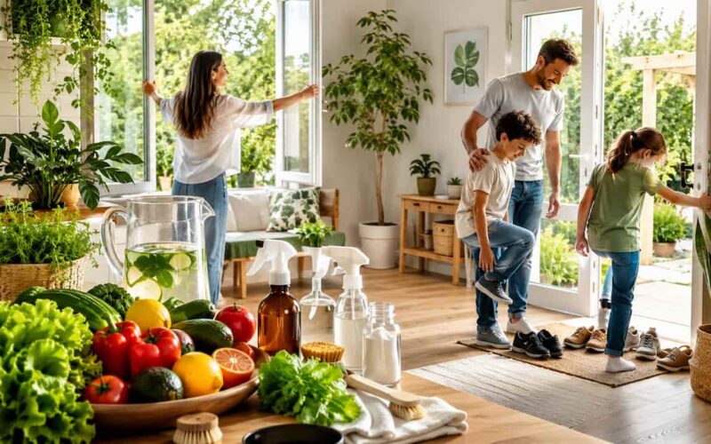 Family creating a healthy home with fresh organic food, filtered water, natural cleaning products, houseplants, and fresh air to reduce everyday toxin exposure.