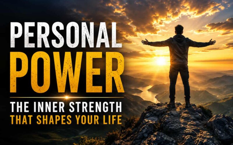A determined person stands on a rocky mountain peak at sunrise with arms outstretched, overlooking a vast landscape bathed in golden light. Bold typography on the left reads "Personal Power – The Inner Strength That Shapes Your Life," symbolizing confidence, resilience, personal growth, and the journey toward unlocking inner strength.