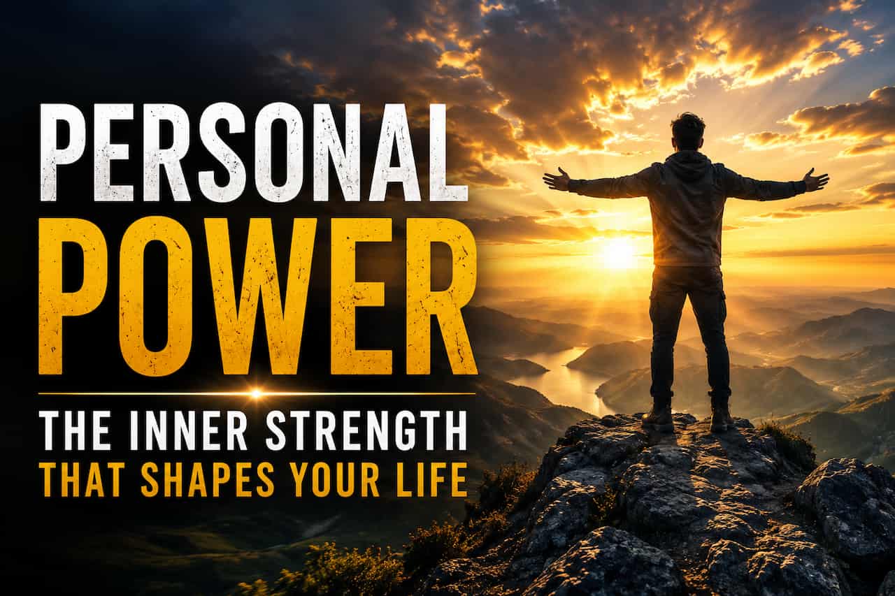 A determined person stands on a rocky mountain peak at sunrise with arms outstretched, overlooking a vast landscape bathed in golden light. Bold typography on the left reads "Personal Power – The Inner Strength That Shapes Your Life," symbolizing confidence, resilience, personal growth, and the journey toward unlocking inner strength.