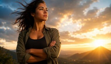 Confident woman standing with arms crossed at sunrise overlooking a mountain landscape, symbolizing personal power, inner strength, resilience, self-confidence, determination, and personal growth.
