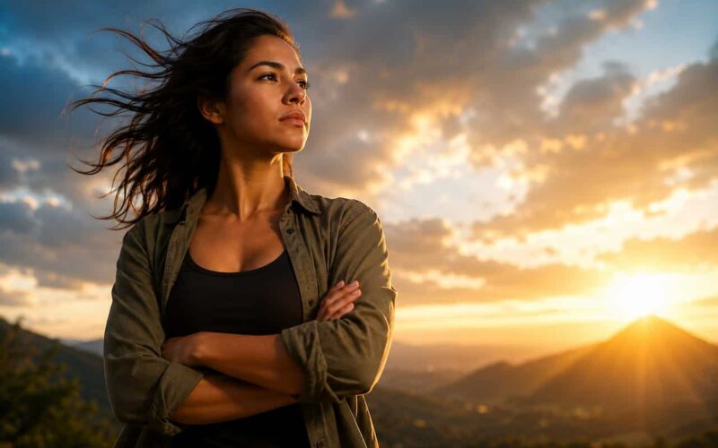 Confident woman standing with arms crossed at sunrise overlooking a mountain landscape, symbolizing personal power, inner strength, resilience, self-confidence, determination, and personal growth.