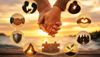 Couple holding hands at sunset surrounded by symbols of trust, communication, love, growth, teamwork, and commitment, representing the foundations of strong, lasting relationships.